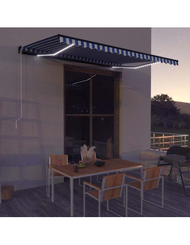 Tenda da Sole Retrattile Manuale con LED 450x300cm Blu e Bianco