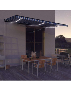 Tenda da Sole Retrattile Manuale con LED 600x300cm Blu e Bianco