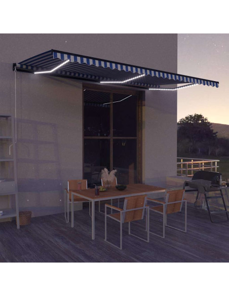 Tenda da Sole Retrattile Manuale con LED 600x300cm Blu e Bianco