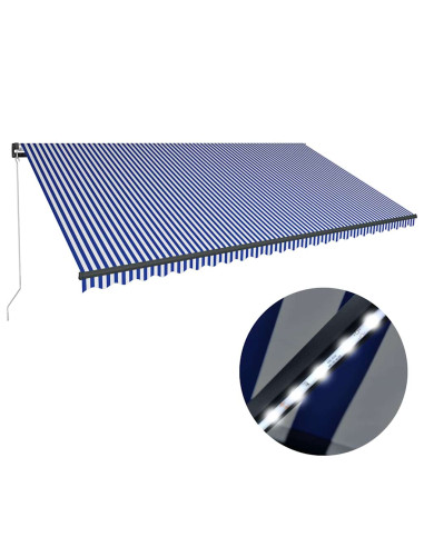 Tenda da Sole Retrattile Manuale con LED 600x300cm Blu e Bianco