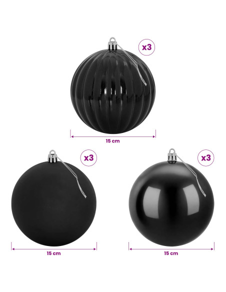 Set di palline di Natale XL 9 pz Nero Ø 15 cm Plastica