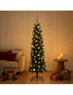 Albero di Natale artificiale sottile con palline 120 cm 150 LED