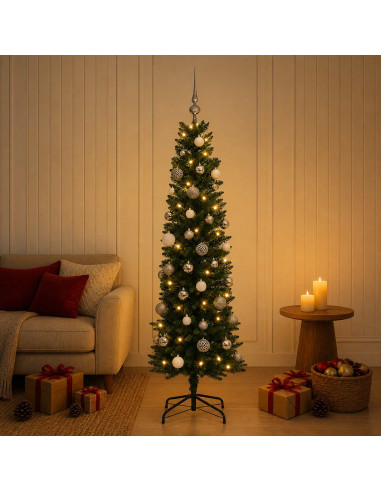 Albero di Natale artificiale sottile con palline 150 cm 150 LED