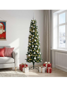 Albero di Natale artificiale sottile con palline 210 cm 300 LED