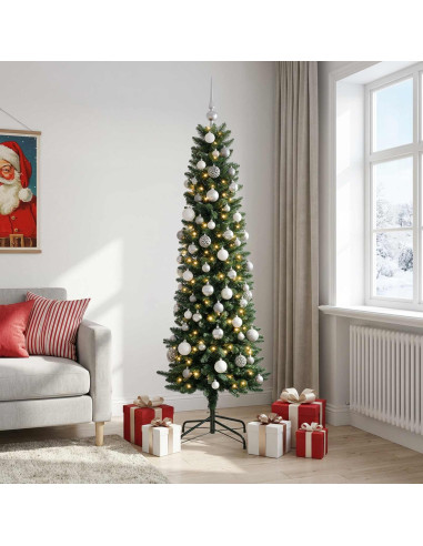 Albero di Natale artificiale sottile con palline 210 cm 300 LED
