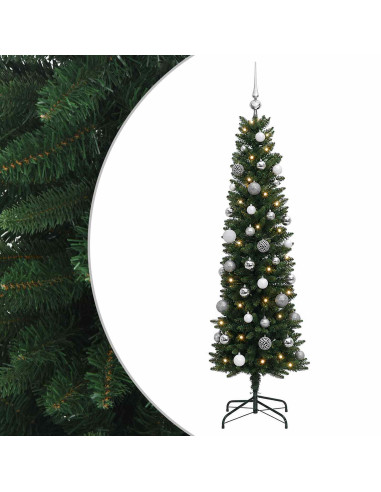 Albero di Natale artificiale sottile con palline 120 cm 150 LED