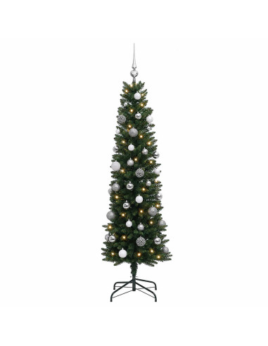 Albero di Natale artificiale sottile con palline 120 cm 150 LED
