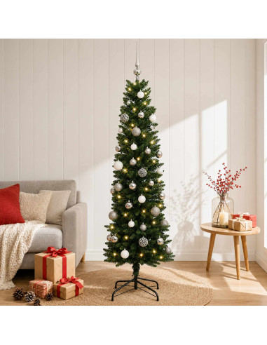 Albero di Natale artificiale sottile con palline 150 cm 150 LED