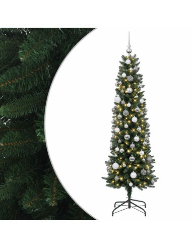 Albero di Natale artificiale sottile con palline 210 cm 300 LED