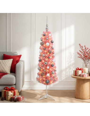 Albero di Natale artificiale sottile con palline 150 cm 150 LED