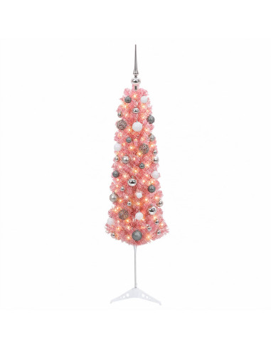 Albero di Natale artificiale sottile con palline 150 cm 150 LED