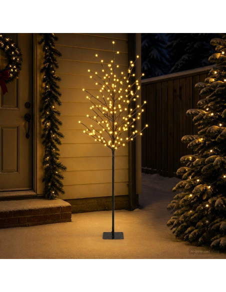 Albero di Natale con palline LED Nero 180 cm Acciaio 220 LED