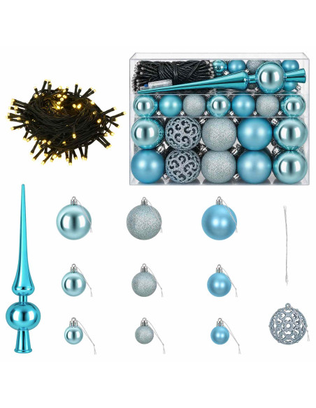 Set di Palle di Natale 61 pz Turchese Ø 6 cm Plastica 150 LED
