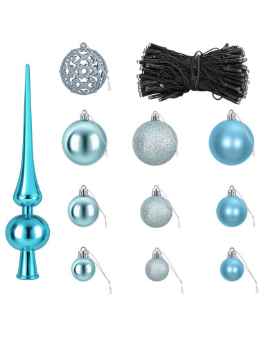 Set di Palle di Natale 61 pz Turchese Ø 6 cm Plastica 150 LED