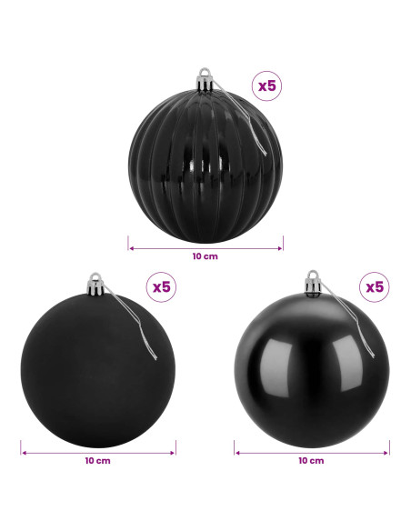 Set di palline di Natale XL 15 pz Nero Diam. 10 cm Plastica