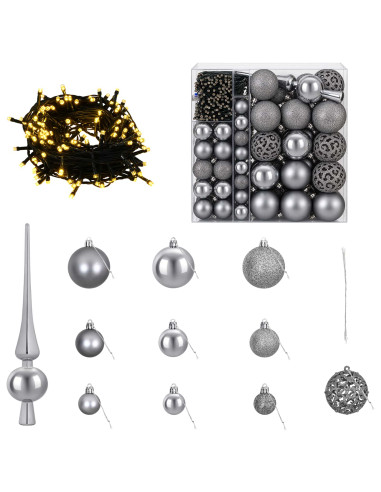Set di Palle di Natale 120 pz Grigio Ø 6 cm Plastica 300 LED