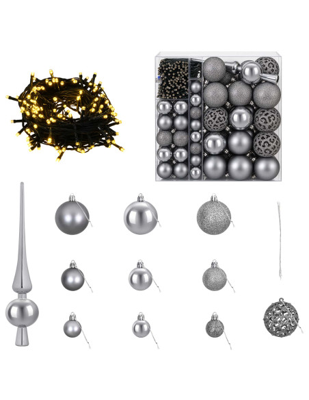 Set di Palle di Natale 120 pz Grigio Ø 6 cm Plastica 300 LED