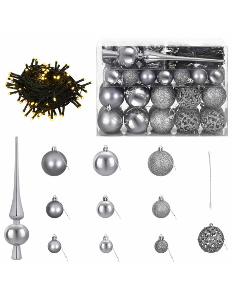 Set di Palle di Natale 61 pz Grigio Ø 6 cm Plastica 300 LED