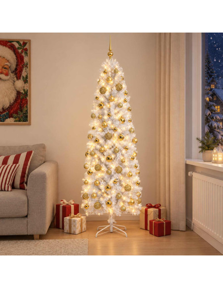 Albero di Natale Artificiale Slim con Palline 210 cm 300 LED