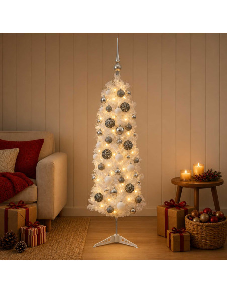 Albero di Natale Artificiale Slim con Palline 150 cm 150 LED