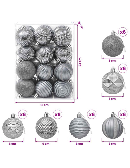 Set di Palline di Natale 36 pz Grigio 6 cm Polistirolo
