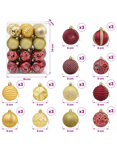 Set di Palline di Natale 36 pz Oro e rosso vino 6 cm