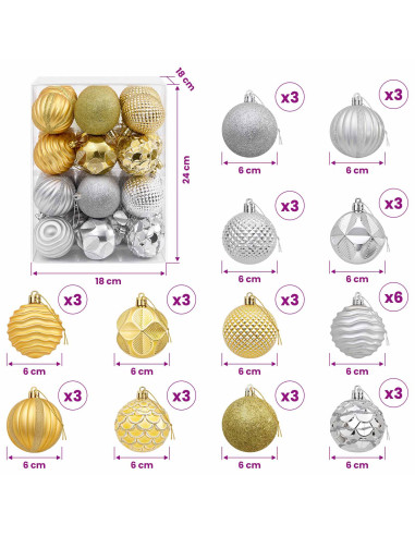 Set di Palline di Natale 36 pz Argento e oro 6 cm Polistirolo