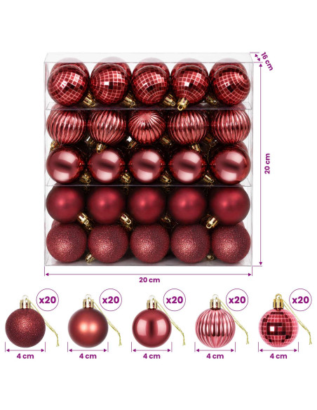 Set di Palline di Natale 100 pz Rosso Vino 4 cm Polistirolo