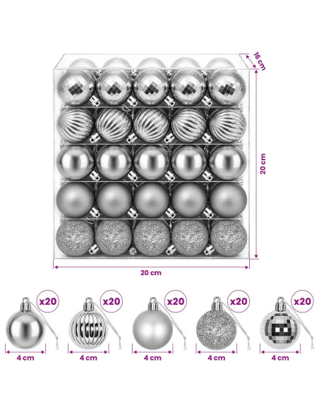 Set di Palline di Natale 100 pz Grigio 4 cm Polistirolo