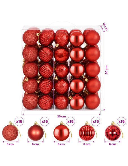 Set di Palline di Natale 75 pz Rosso 6 cm Polistirolo