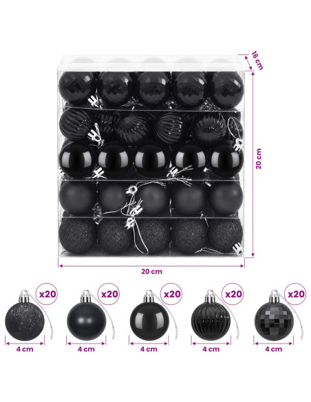 Set di Palline di Natale 100 pz Nero 4 cm Polistirolo
