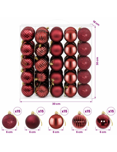 Set di Palline di Natale 75 pz Rosso Vino 6 cm Polistirolo