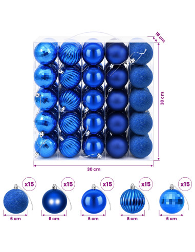 Set di Palline di Natale 75 pz Blu 6 cm Polistirolo