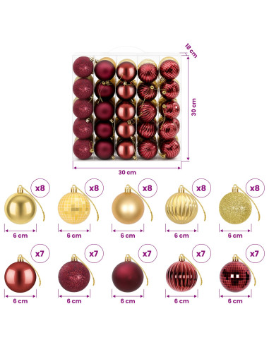 Set di Palline di Natale 75 pz Oro e rosso vino 6 cm