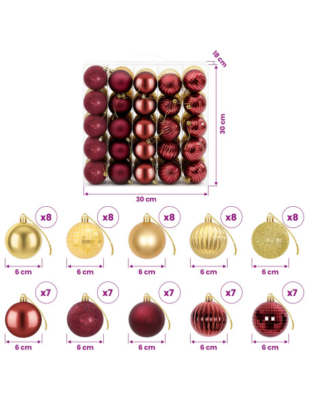 Set di Palline di Natale 75 pz Oro e rosso vino 6 cm