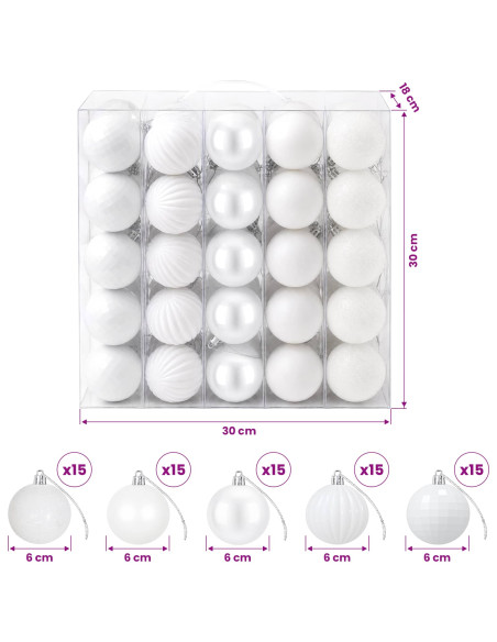 Set di Palline di Natale 75 pz Bianco 6 cm Polistirolo
