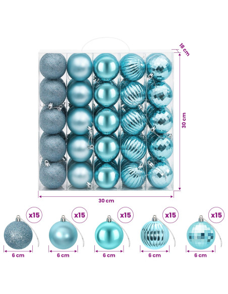 Set di Palline di Natale 75 pz Turchese 6 cm Polistirolo