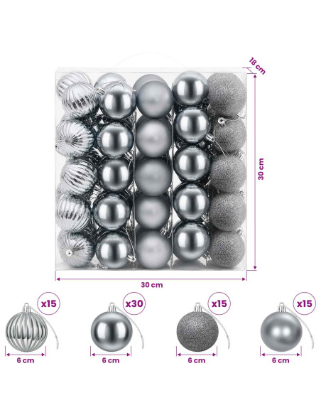 Set di Palline di Natale 75 pz Grigio 6 cm Polistirolo