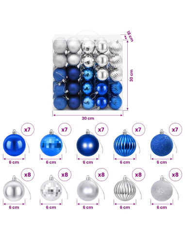 Set di Palline di Natale 75 pz Blu e argento 6 cm Polistirolo
