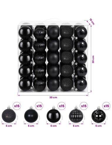 Set di Palline di Natale 75 pz Nero 6 cm Polistirolo