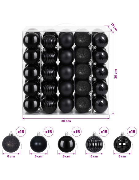 Set di Palline di Natale 75 pz Nero 6 cm Polistirolo