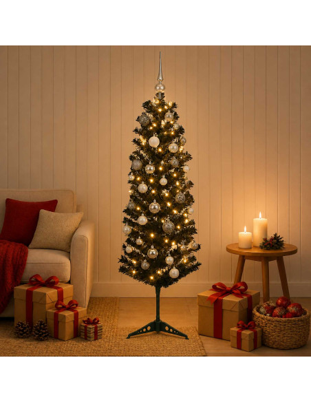 Albero di Natale Artificiale Slim con Palline 120 cm 150 LED