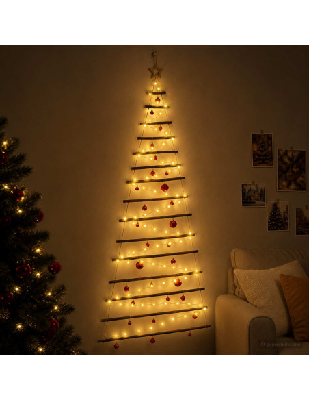 Albero di Natale appeso con palle 210 cm 130 LED Bianco caldo