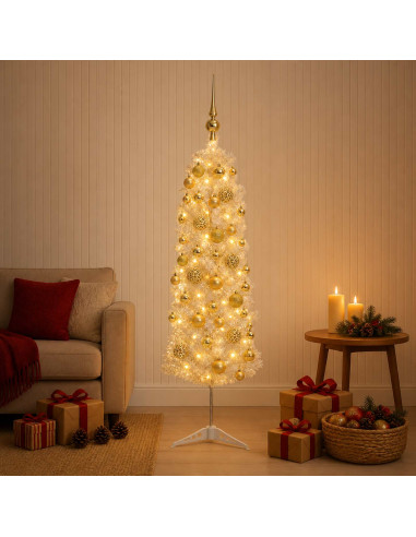 Albero di Natale Artificiale Slim con Palline 120 cm 150 LED
