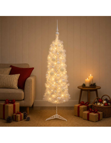 Albero di Natale Artificiale Slim con Palline 120 cm 150 LED