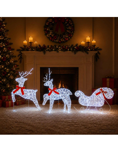 Renna di Natale con slitta 3 pz 60 LED Bianco freddo