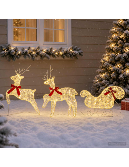 Renna di Natale con slitta 3 pz 60 LED Bianco caldo