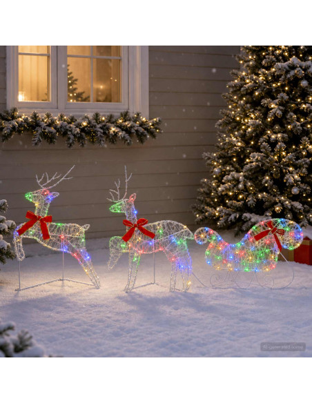 Renna di Natale con slitta 3 pz 60 LED Multicolore