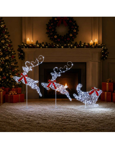Renna di Natale con slitta 3 pz 160 LED Bianco freddo