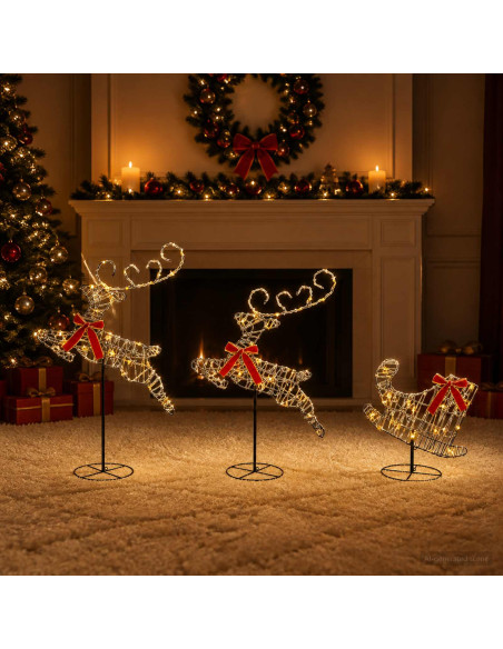 Renna di Natale con slitta 3 pz 72 LED Bianco caldo